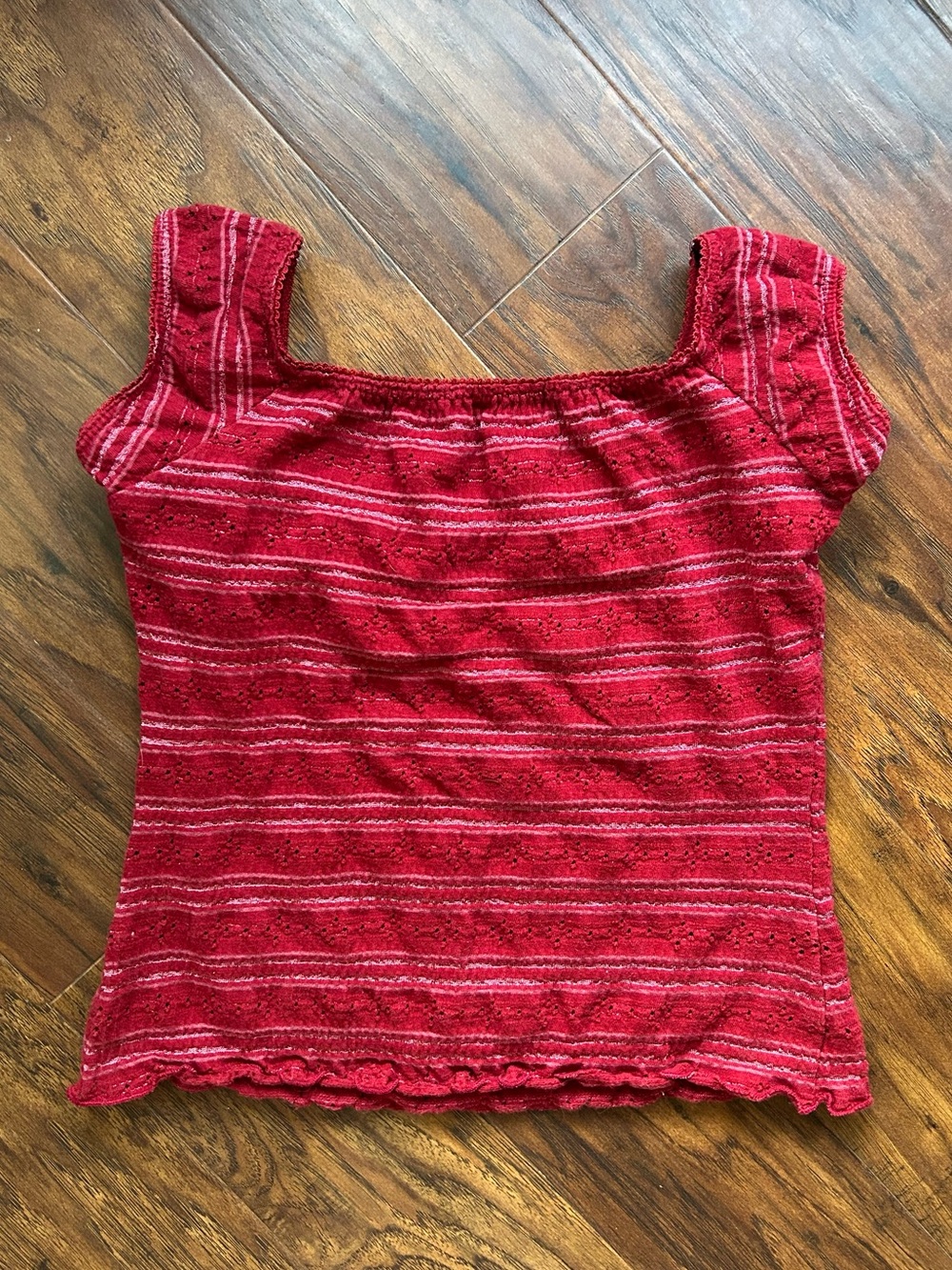 Wet Seal Vintage Red Babydoll top w/ stripes & embroidered florals • Small • Y2K - Picture 5 of 8